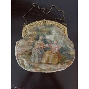 French Antique Tapestry Scenic Needlepoint Bag Purse with Floral Frame